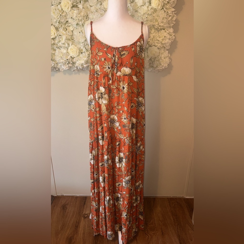 Kori Women’s Burnt Orange Floral Spaghetti Strap Maxi Dress Boho